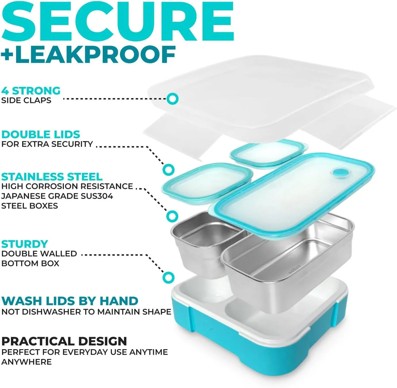 kinsho Stainless Steel Bento Lunch Box Set for Adults, Kids - Insulated Bag - Leak-Proof Metal Compartment Meal Prep Food & Snack Containers for Work Travel School Daycare 24 oz Baby Teal Blue