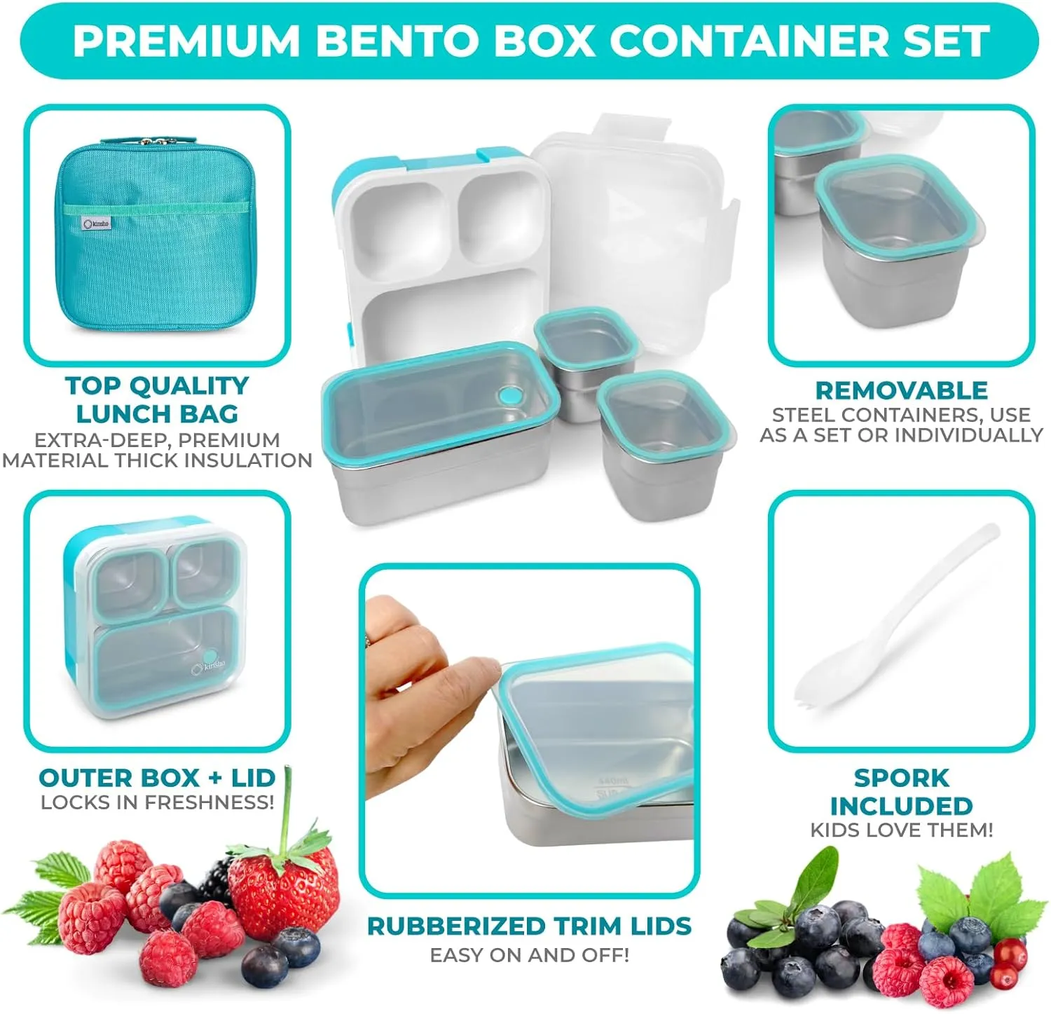 kinsho Stainless Steel Bento Lunch Box Set for Adults, Kids - Insulated Bag - Leak-Proof Metal Compartment Meal Prep Food & Snack Containers for Work Travel School Daycare 24 oz Baby Teal Blue