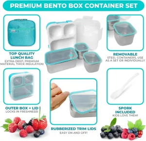 kinsho Stainless Steel Bento Lunch Box Set for Adults, Kids - Insulated Bag - Leak-Proof Metal Compartment Meal Prep Food & Snack Containers for Work Travel School Daycare 24 oz Baby Teal Blue