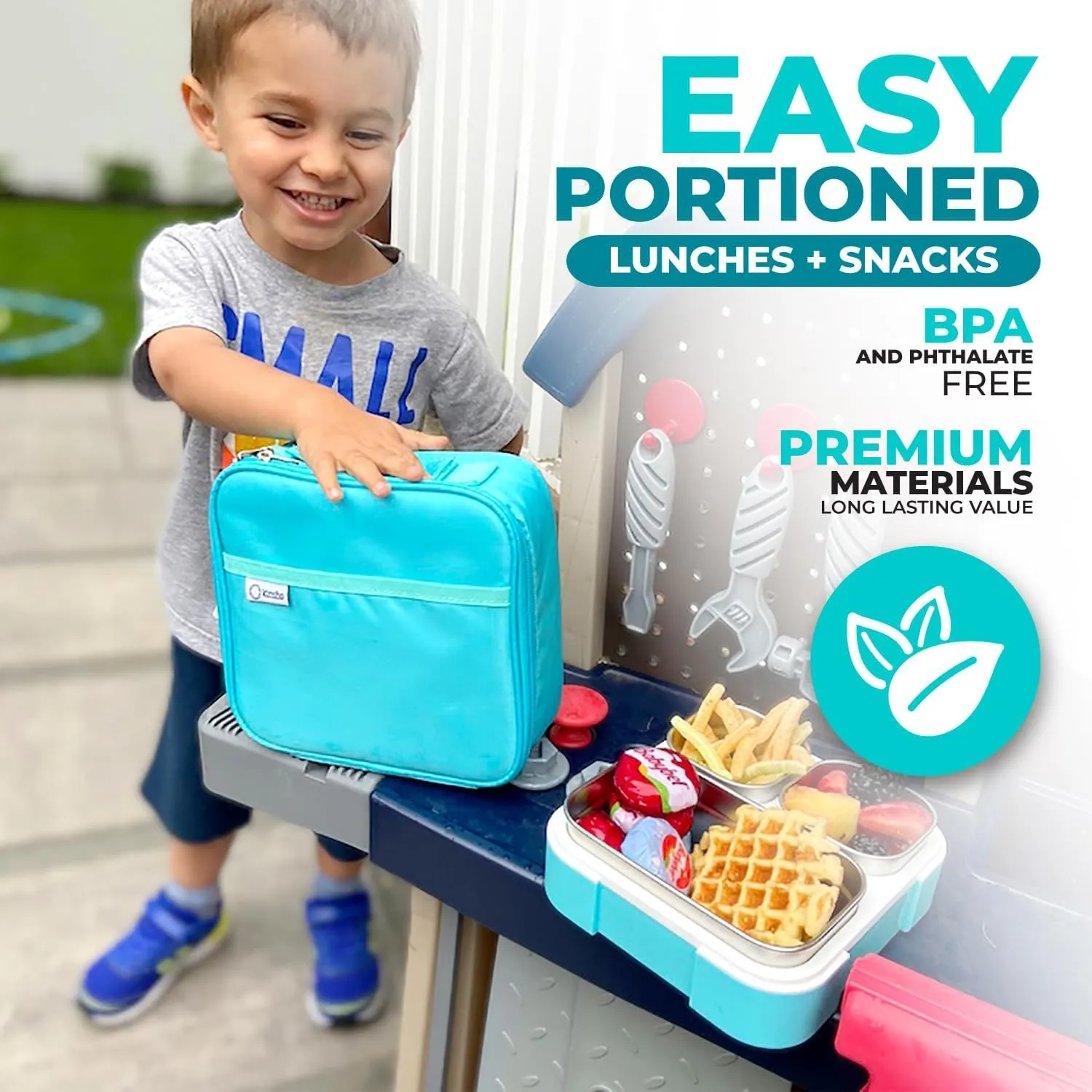 kinsho Stainless Steel Bento Lunch Box Set for Adults, Kids - Insulated Bag - Leak-Proof Metal Compartment Meal Prep Food & Snack Containers for Work Travel School Daycare 24 oz Baby Teal Blue