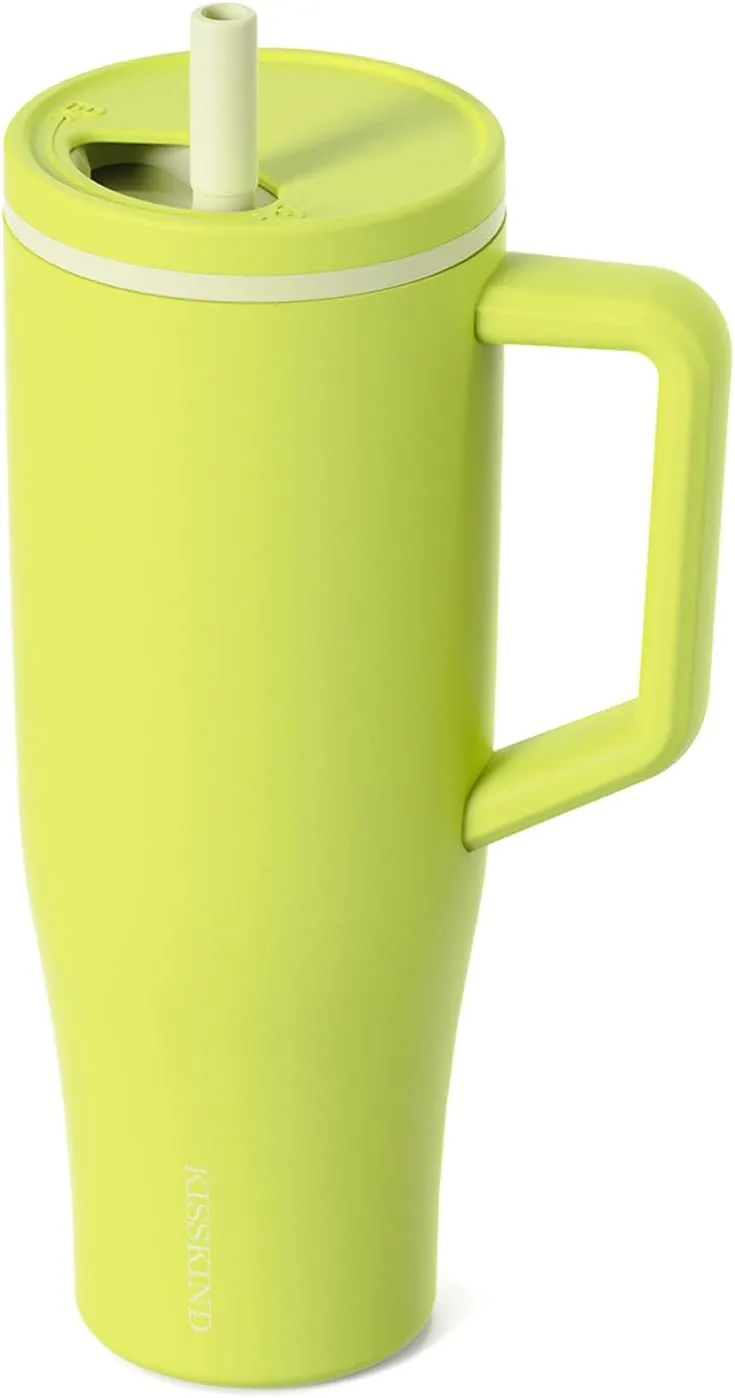 KISSKIND 40 oz Tumbler with Handle and Straw | 100% Leakproof Insulated Tumbler with Lid and Straw | Stainless Steel Water Bottle | Cup Holder Friendly Base | Green Apple