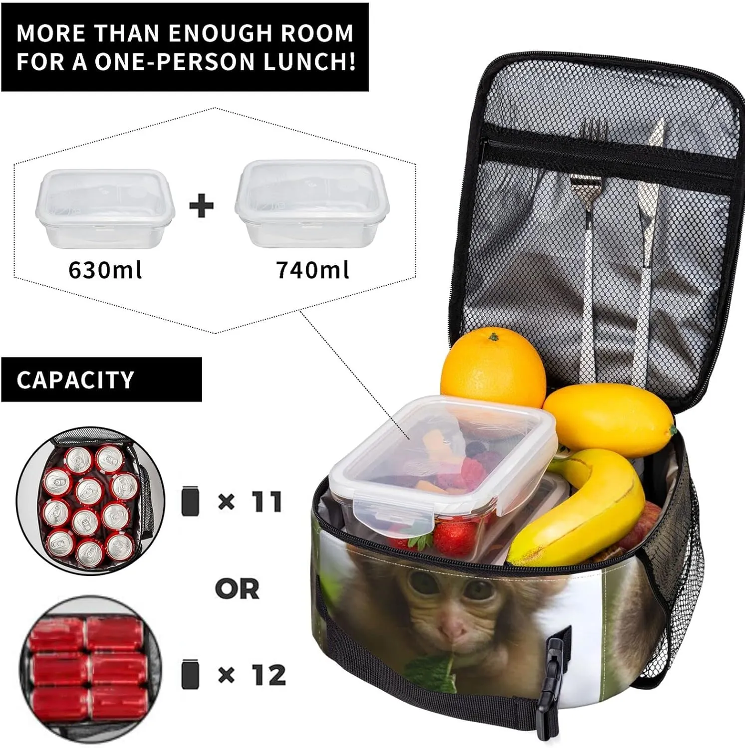 KiuLoam Insulated Lunch Box Cute Monkey 3D Animal Reusable Lunch Bag With Shoulder Strap For Women/Men/Girls/Boys Lunchbox Meal Tote Bag
