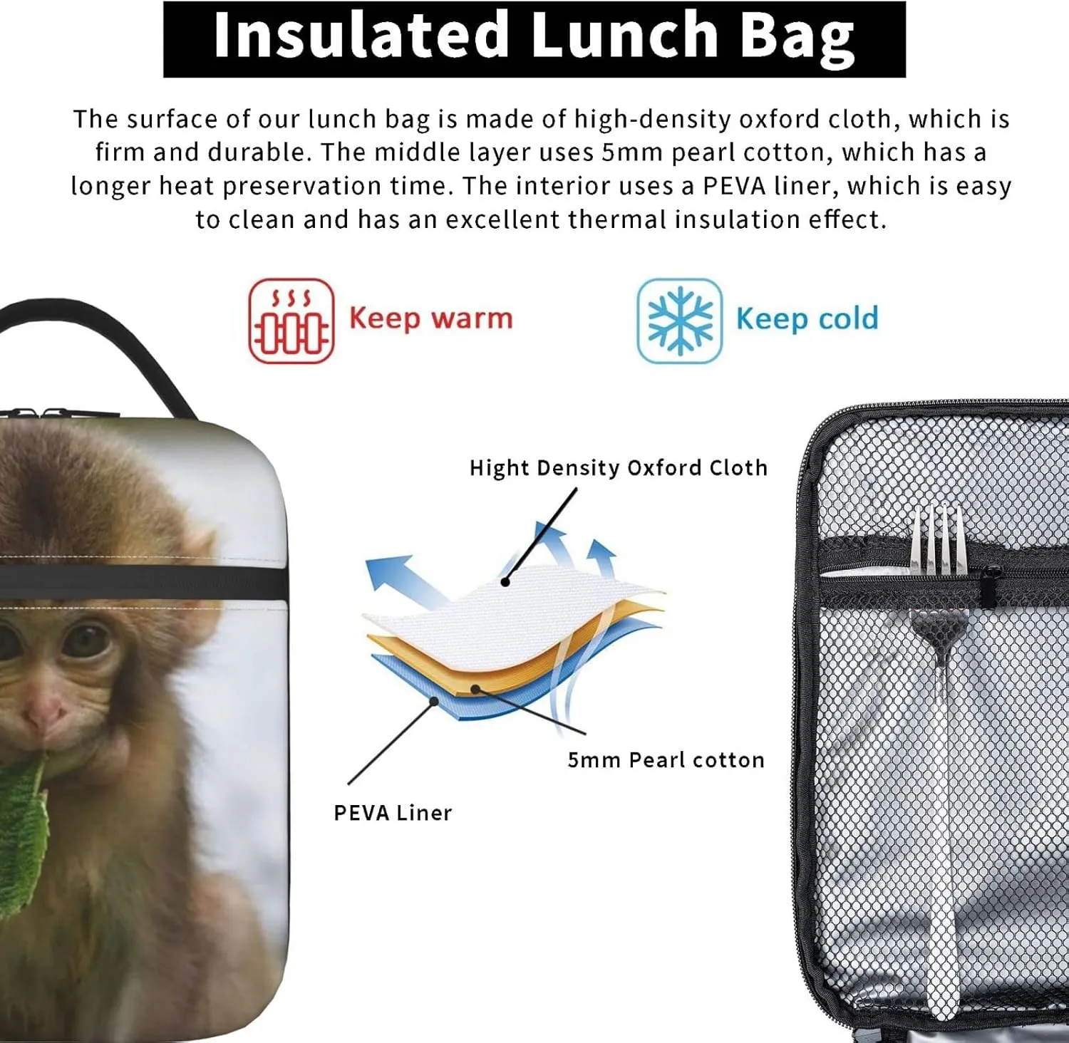 KiuLoam Insulated Lunch Box Cute Monkey 3D Animal Reusable Lunch Bag With Shoulder Strap For Women/Men/Girls/Boys Lunchbox Meal Tote Bag