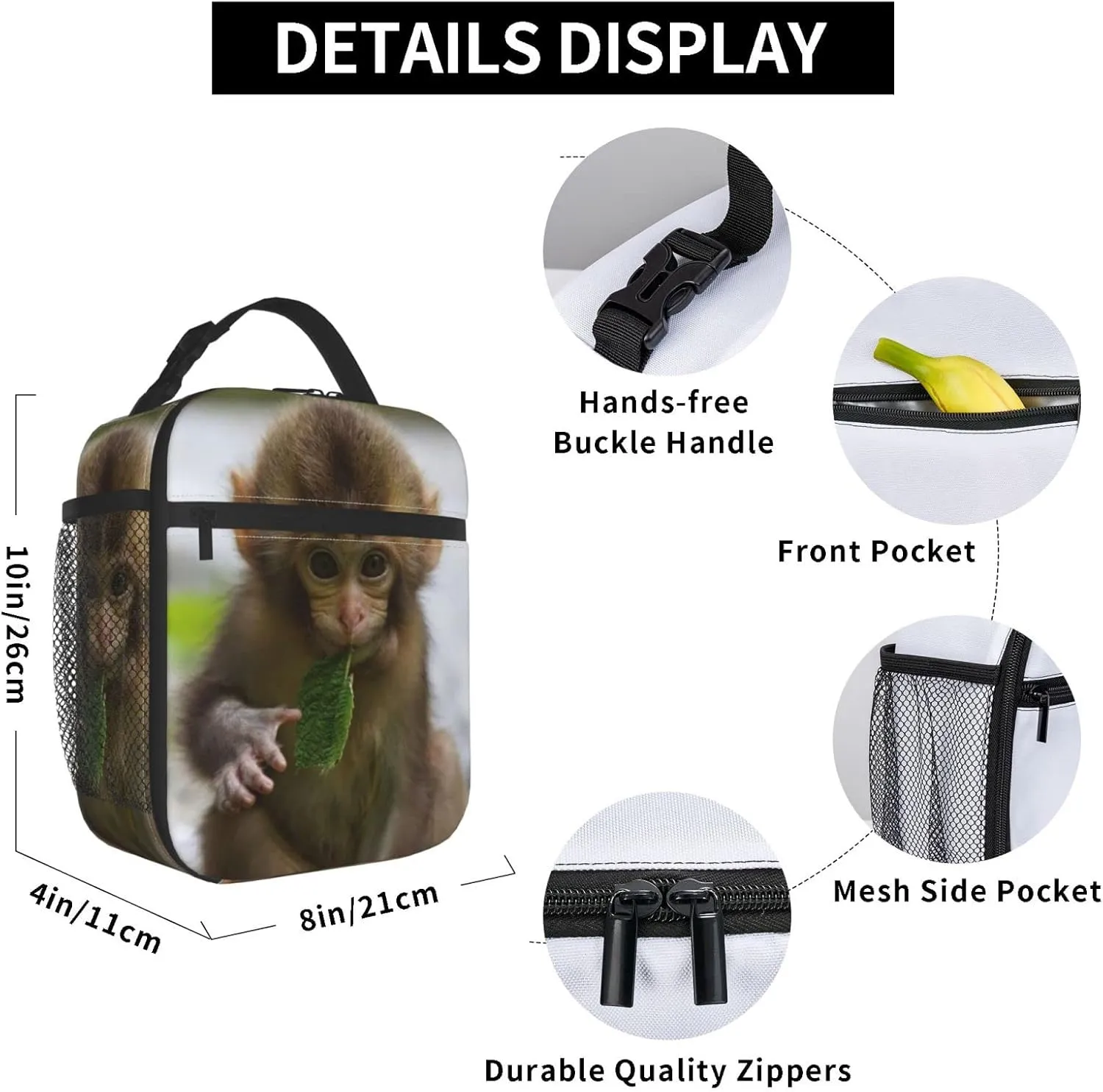 KiuLoam Insulated Lunch Box Cute Monkey 3D Animal Reusable Lunch Bag With Shoulder Strap For Women/Men/Girls/Boys Lunchbox Meal Tote Bag