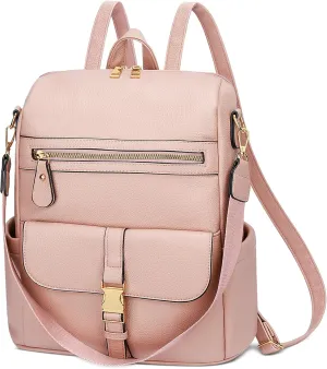 KKXIU Backpack Purse for Women - Multi-pocket Leather backpack for Travel, Work & School with Anti-Theft Lock Pocket, Luggage Strap & Water Bottle Pockets - 13x14x5.2 Inch, 1.67lb (Pink)
