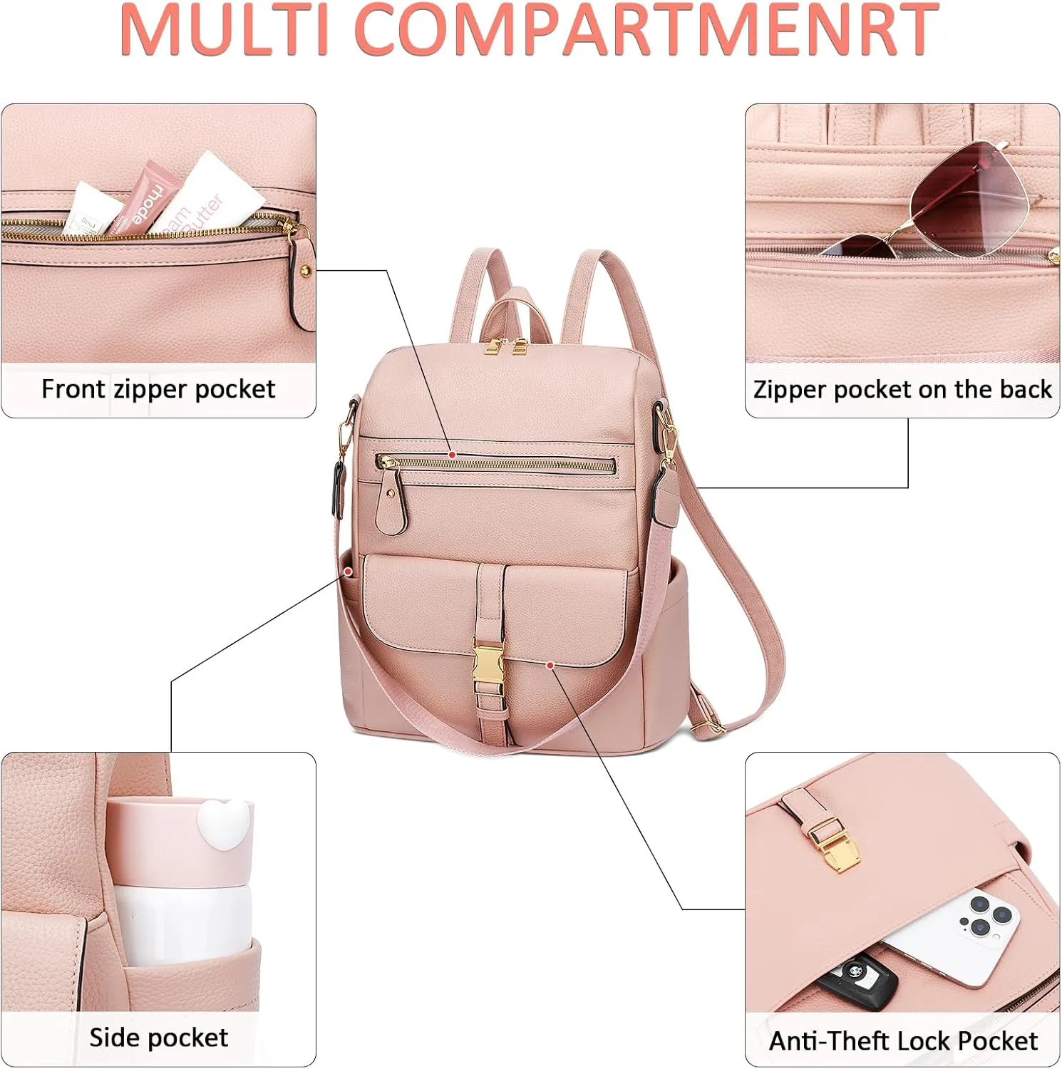 KKXIU Backpack Purse for Women - Multi-pocket Leather backpack for Travel, Work & School with Anti-Theft Lock Pocket, Luggage Strap & Water Bottle Pockets - 13x14x5.2 Inch, 1.67lb (Pink)