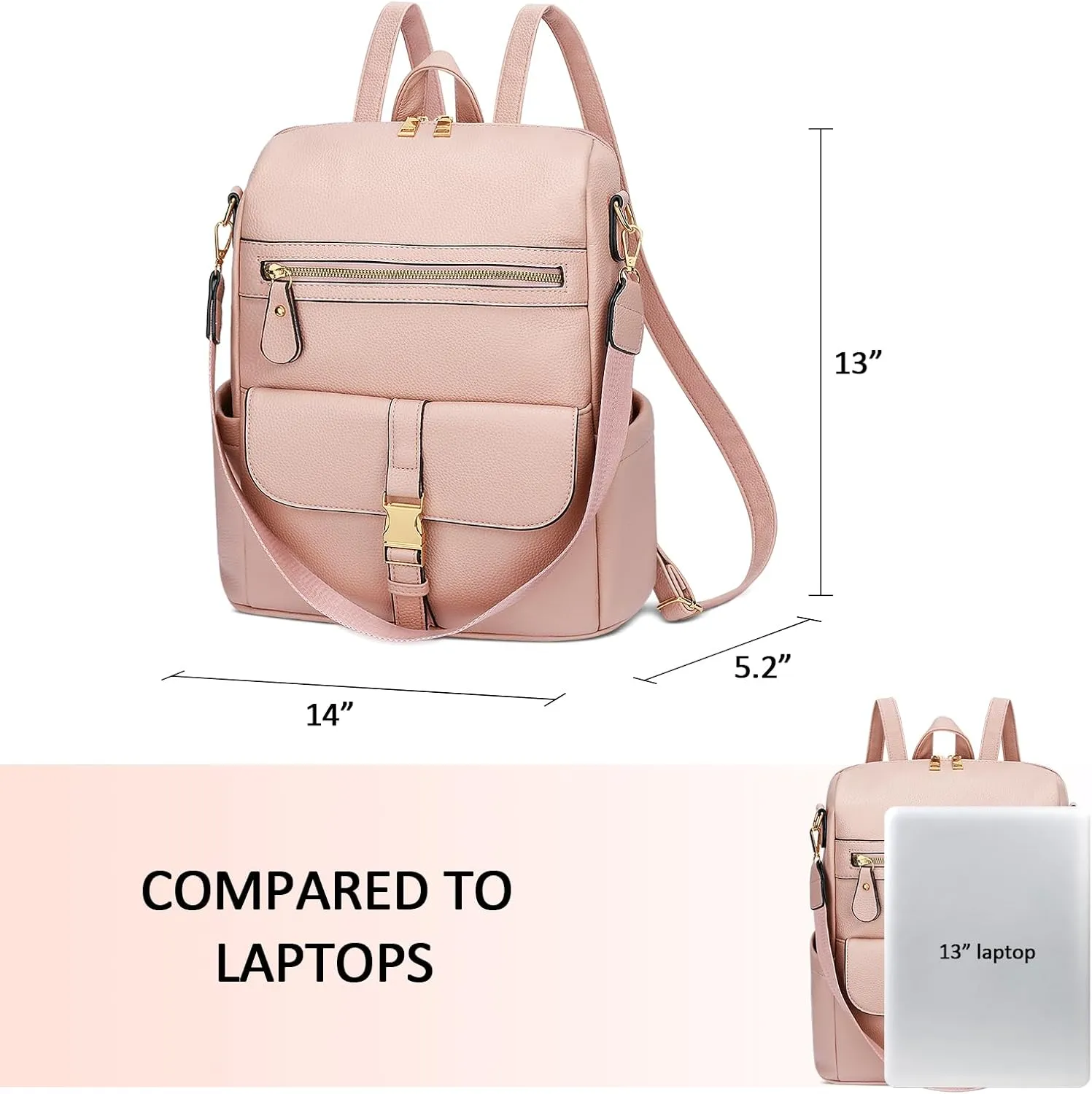 KKXIU Backpack Purse for Women - Multi-pocket Leather backpack for Travel, Work & School with Anti-Theft Lock Pocket, Luggage Strap & Water Bottle Pockets - 13x14x5.2 Inch, 1.67lb (Pink)