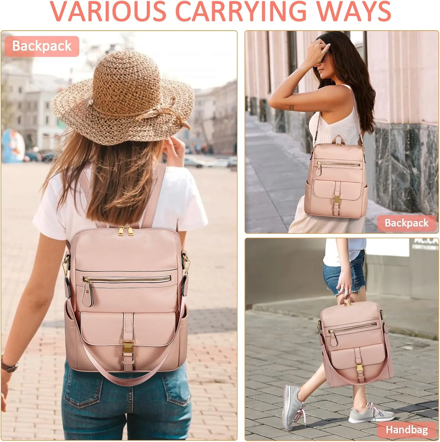 KKXIU Backpack Purse for Women - Multi-pocket Leather backpack for Travel, Work & School with Anti-Theft Lock Pocket, Luggage Strap & Water Bottle Pockets - 13x14x5.2 Inch, 1.67lb (Pink)