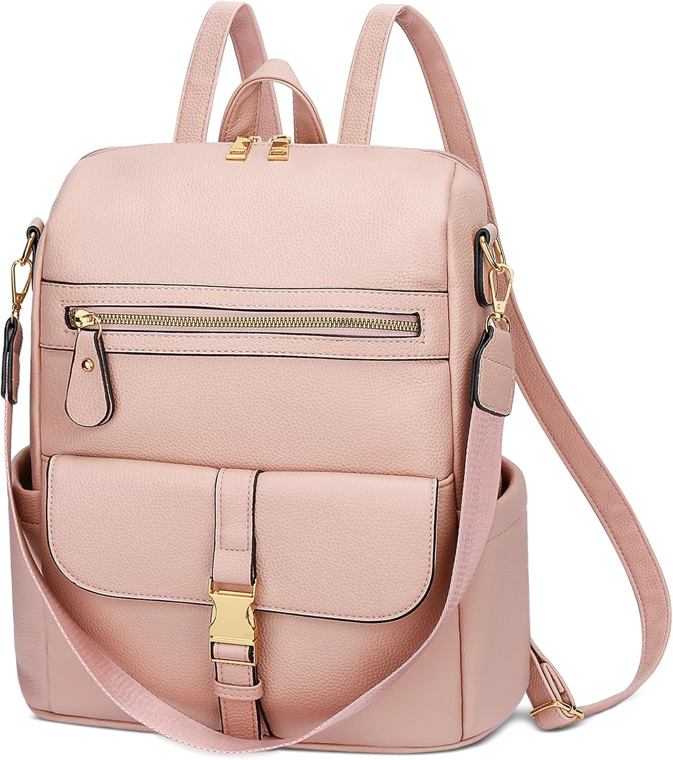 KKXIU Backpack Purse for Women - Multi-pocket Leather backpack for Travel, Work & School with Anti-Theft Lock Pocket, Luggage Strap & Water Bottle Pockets - 13x14x5.2 Inch, 1.67lb (Pink)