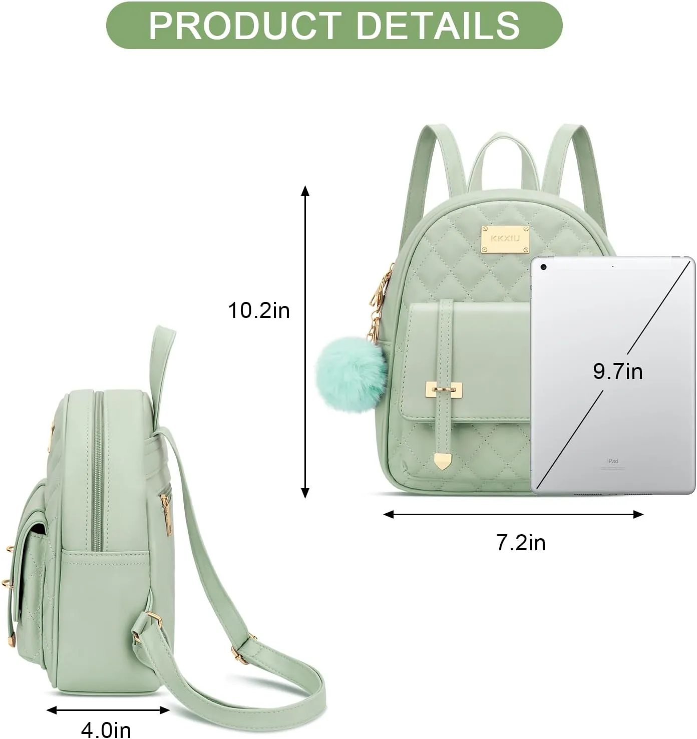 KKXIU Girls Small Backpack Purse Vegan Leather Quilted Mini Daypack for Women Trendy Bookbag (Green)