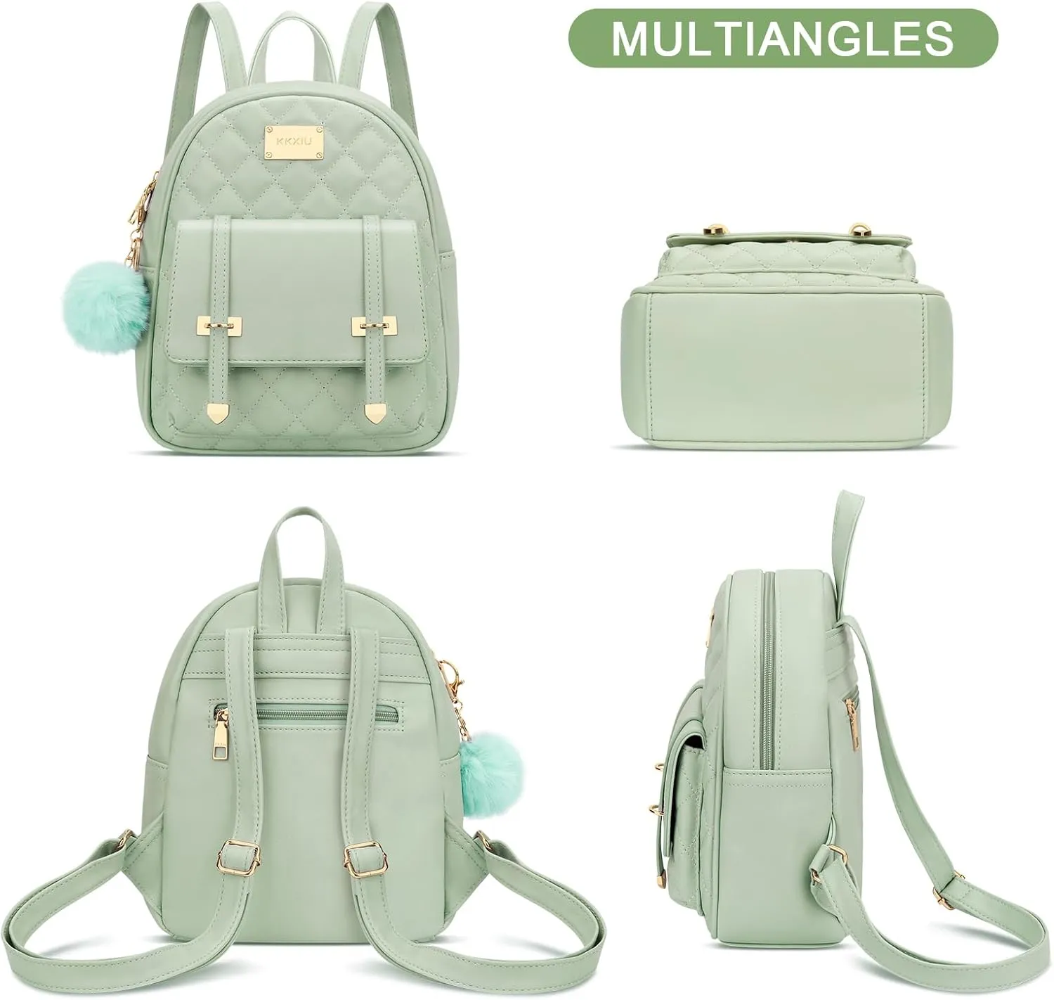 KKXIU Girls Small Backpack Purse Vegan Leather Quilted Mini Daypack for Women Trendy Bookbag (Green)