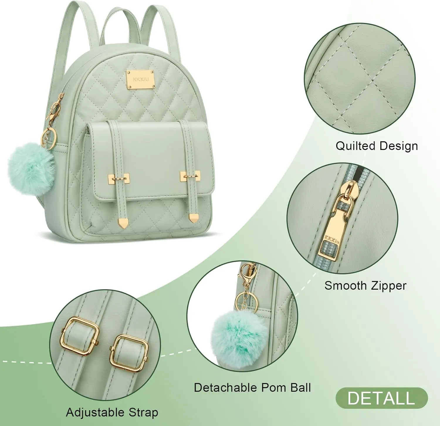 KKXIU Girls Small Backpack Purse Vegan Leather Quilted Mini Daypack for Women Trendy Bookbag (Green)