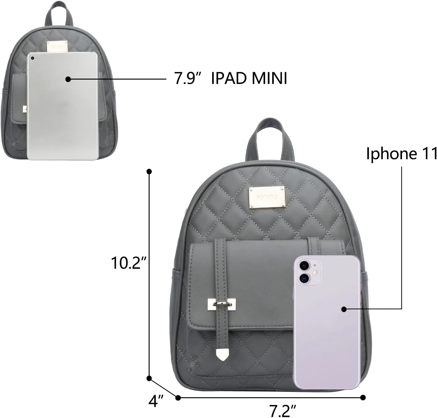 KKXIU Girls Small Backpack Purse Vegan Leather Quilted Mini Daypack for Women Trendy Bookbag (Grey)
