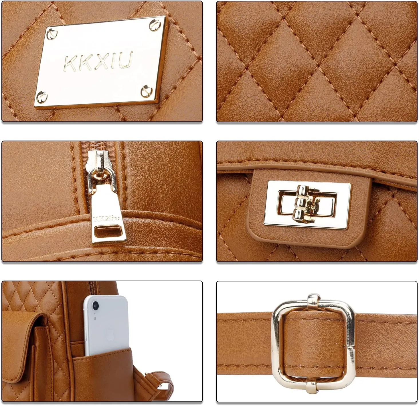 KKXIU Teen Girls Fashion 9"*11"Small Backpack Purse for Women and Ladies Quilted Synthetic Leather Mini Bookbag (a-brown)