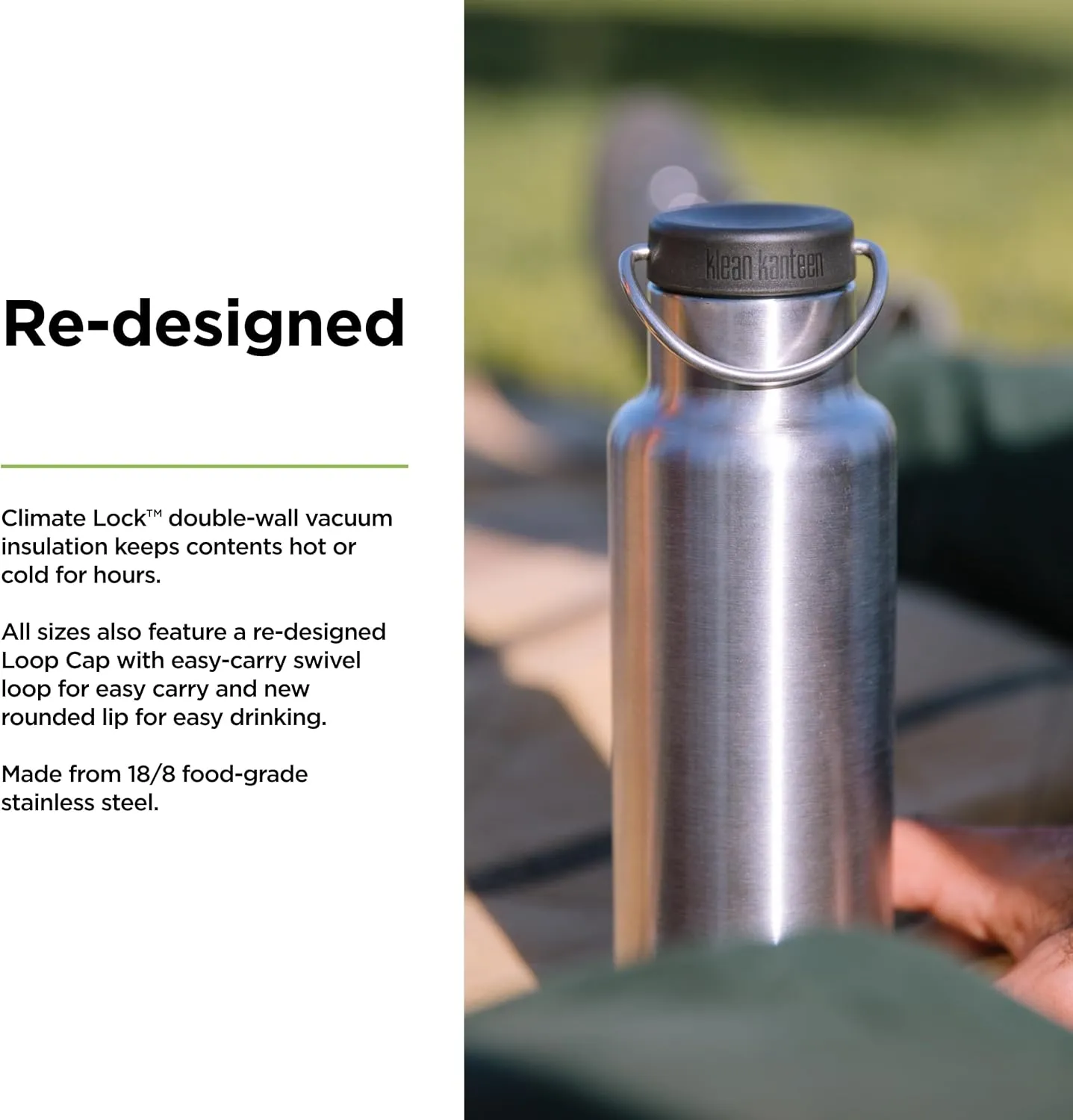 Klean Kanteen Classic Insulated Water Bottle with Loop Cap - Stainless Steel Drinking Bottle for Hot & Cold Beverages - Dishwasher-Safe Travel Bottle - Brushed Stainless Steel, 20 oz