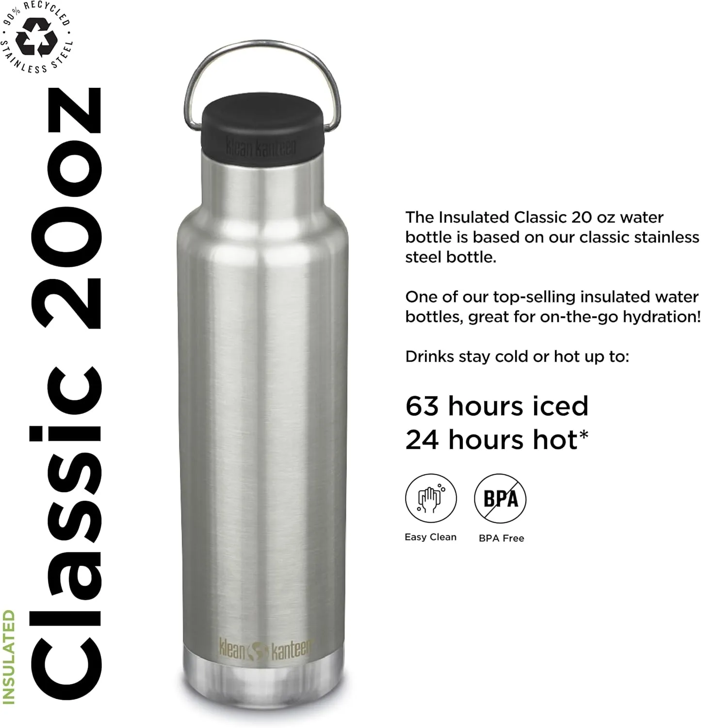 Klean Kanteen Classic Insulated Water Bottle with Loop Cap - Stainless Steel Drinking Bottle for Hot & Cold Beverages - Dishwasher-Safe Travel Bottle - Brushed Stainless Steel, 20 oz
