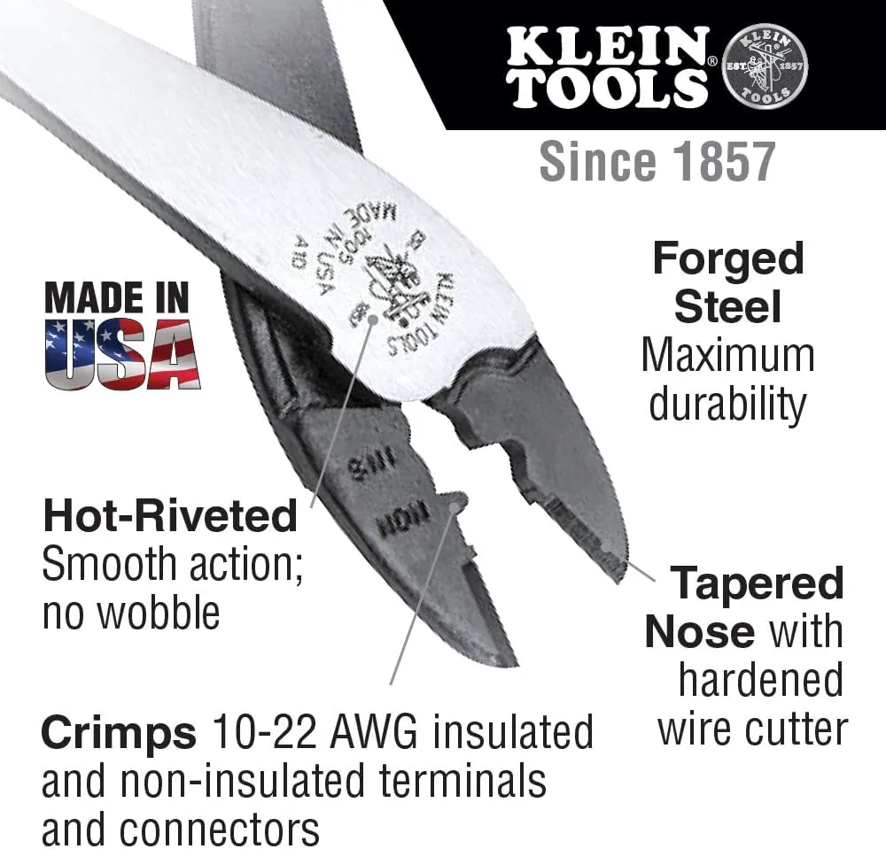 Klein Tools 1005 Cutting / Crimping Tool for 10-22 AWG Terminals and Connectors, Made in USA, Terminal Crimper for Insulated and Non-Insulated Terminals