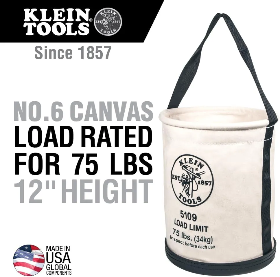 Klein Tools 5109 Canvas Bucket, Wide-Opening Straight-Wall Tool Bucket is Made of No. 6 Canvas with Black Molded Bottom, 75-Pound Load Rated