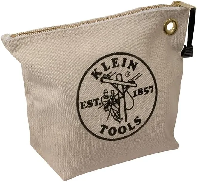 Klein Tools 5539NAT Zipper Bag, Canvas Tool Pouch is 10-Inch Consumables Bag for Storing Parts, Brass Grommet for Easy Hanging, Natural