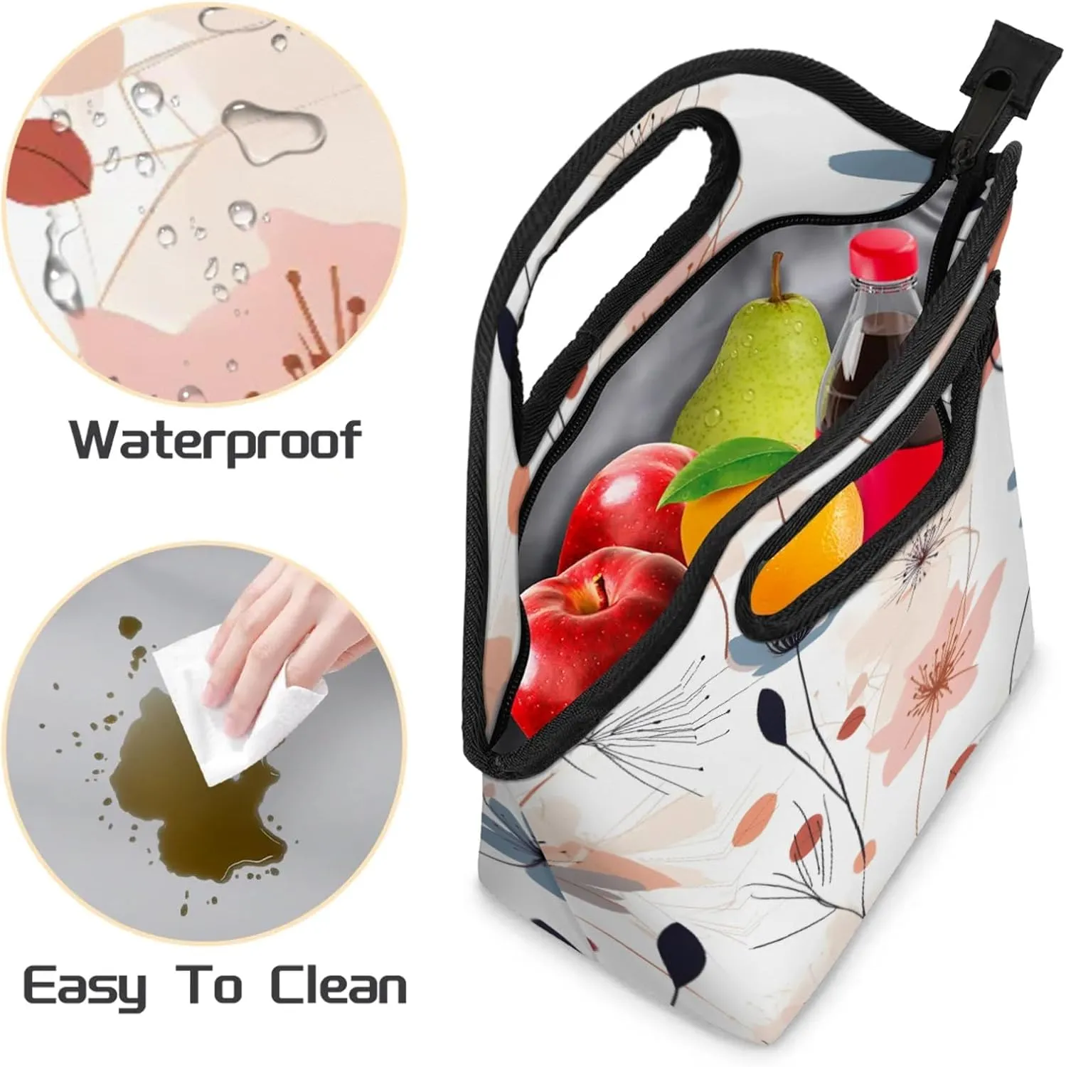 KOBLEN Flower Bloom Portable Insulated Lunch Bag for Adults, Oxford Thermal Food Tote Leakproof Reusable Meal Bag for Picnic, Hiking, Travel (7.5x4.7x11.2 Inch)