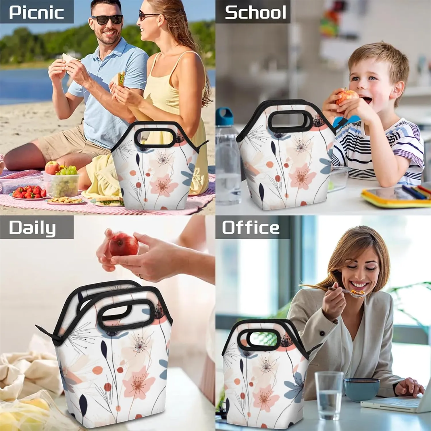 KOBLEN Flower Bloom Portable Insulated Lunch Bag for Adults, Oxford Thermal Food Tote Leakproof Reusable Meal Bag for Picnic, Hiking, Travel (7.5x4.7x11.2 Inch)