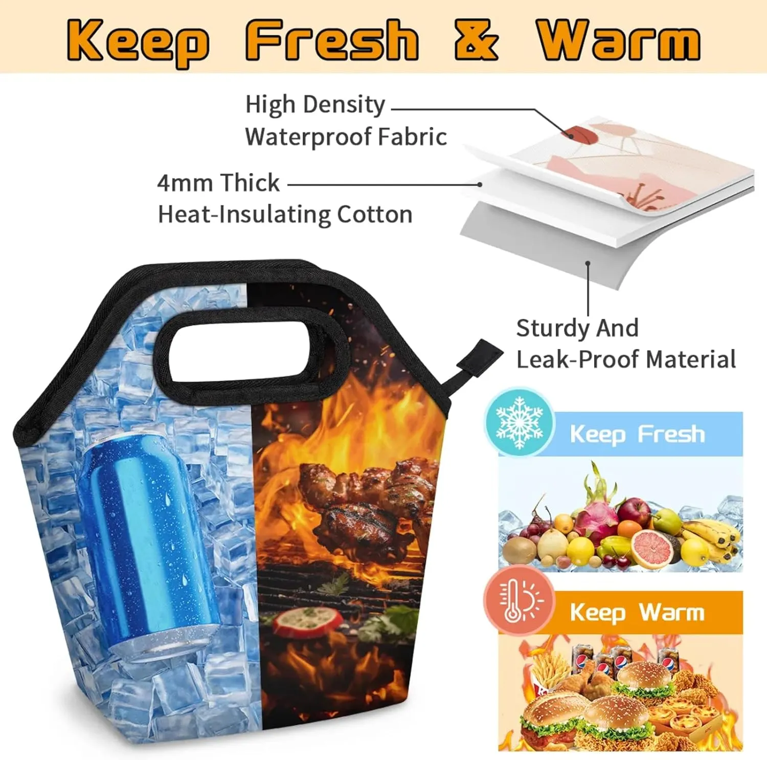 KOBLEN Flower Bloom Portable Insulated Lunch Bag for Adults, Oxford Thermal Food Tote Leakproof Reusable Meal Bag for Picnic, Hiking, Travel (7.5x4.7x11.2 Inch)