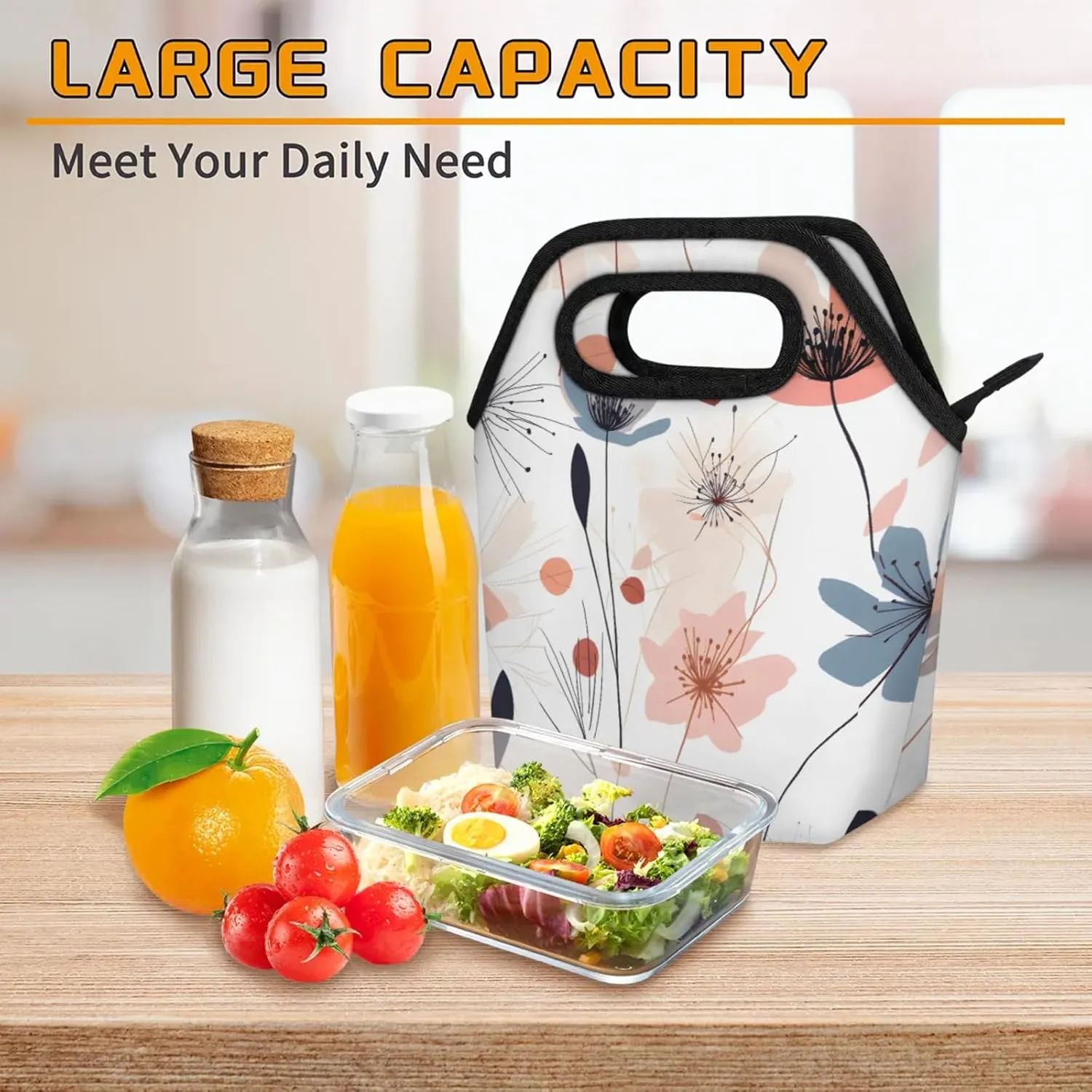 KOBLEN Flower Bloom Portable Insulated Lunch Bag for Adults, Oxford Thermal Food Tote Leakproof Reusable Meal Bag for Picnic, Hiking, Travel (7.5x4.7x11.2 Inch)