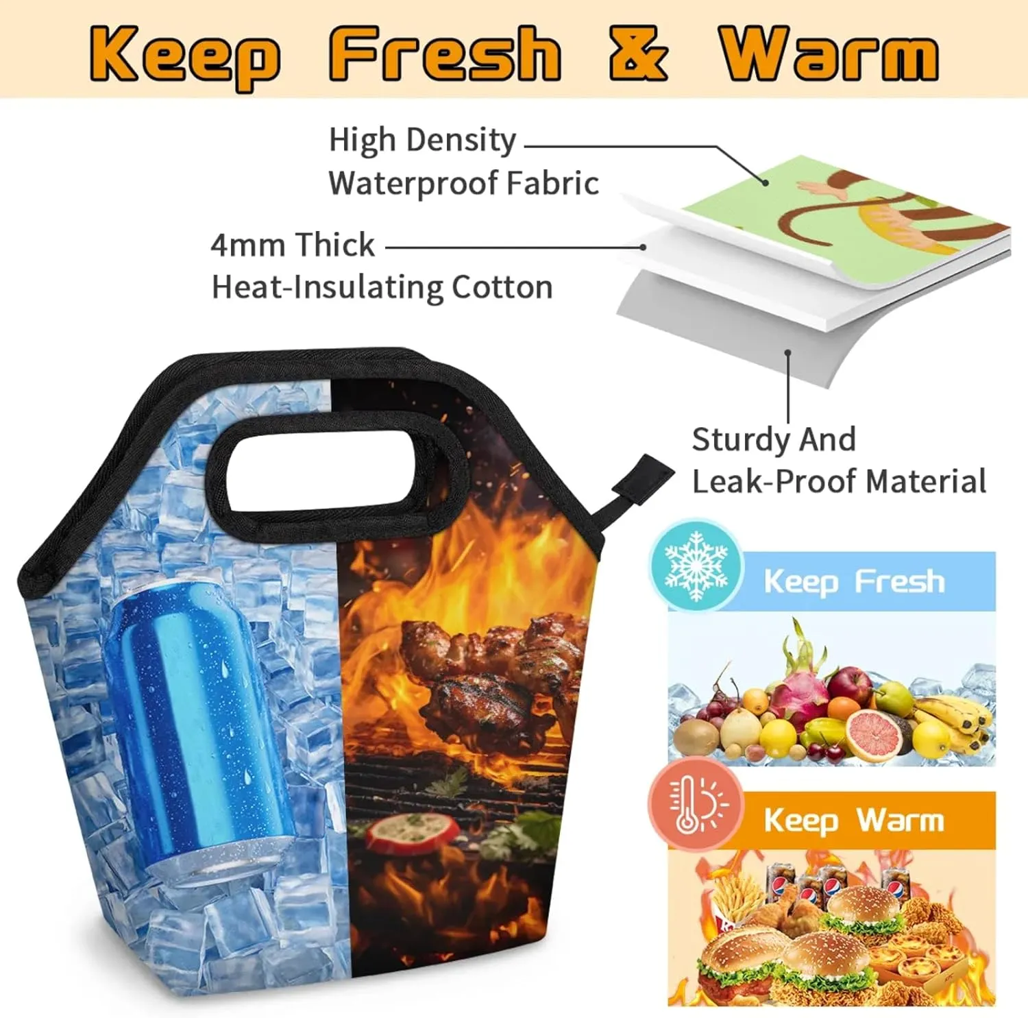 KOBLEN Monkey Banana Portable Insulated Lunch Bag for Adults, Oxford Thermal Food Tote Leakproof Reusable Meal Bag for Picnic, Hiking, Travel (7.5x4.7x11.2 Inch)