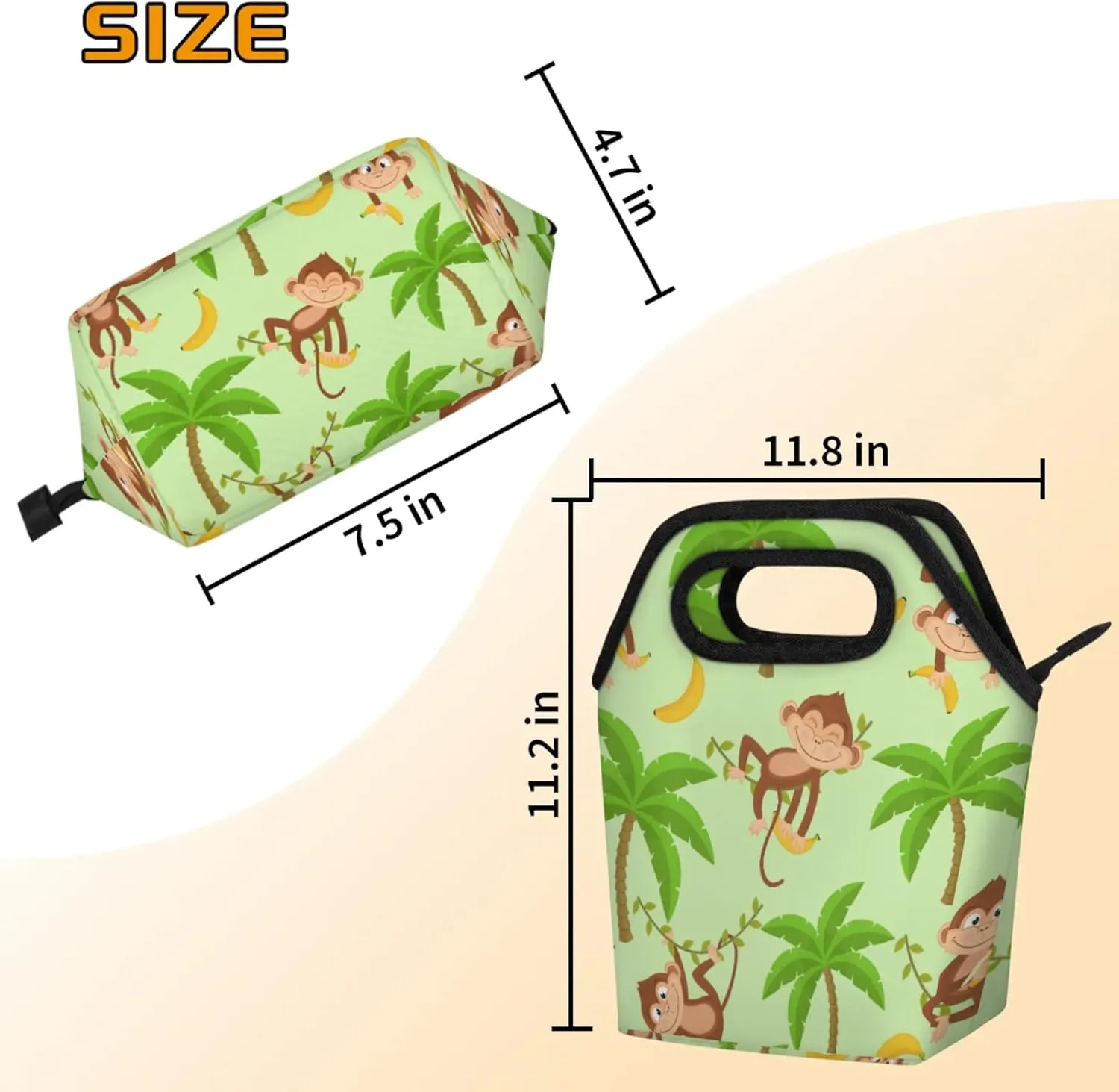 KOBLEN Monkey Banana Portable Insulated Lunch Bag for Adults, Oxford Thermal Food Tote Leakproof Reusable Meal Bag for Picnic, Hiking, Travel (7.5x4.7x11.2 Inch)