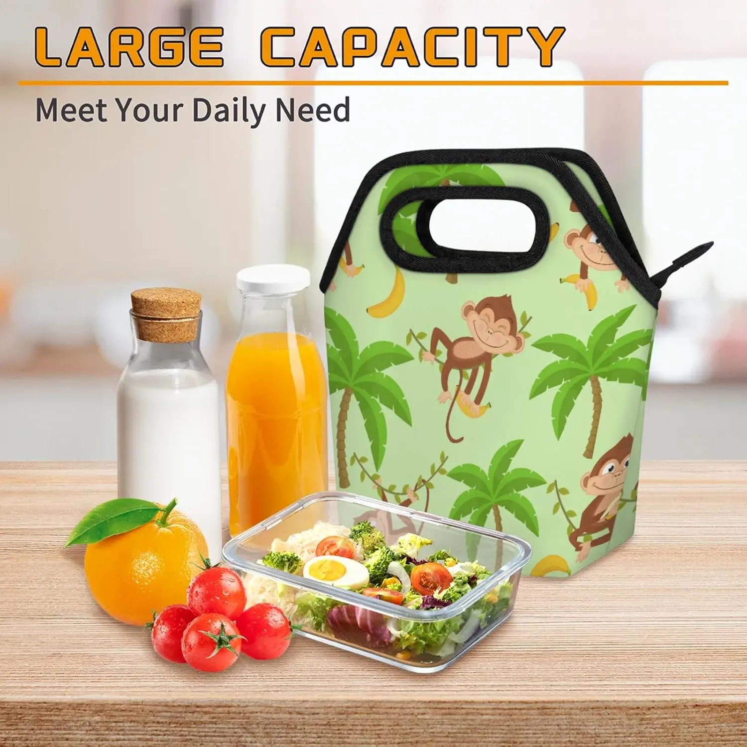 KOBLEN Monkey Banana Portable Insulated Lunch Bag for Adults, Oxford Thermal Food Tote Leakproof Reusable Meal Bag for Picnic, Hiking, Travel (7.5x4.7x11.2 Inch)