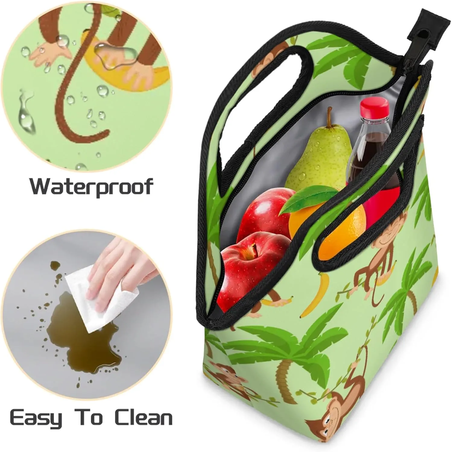 KOBLEN Monkey Banana Portable Insulated Lunch Bag for Adults, Oxford Thermal Food Tote Leakproof Reusable Meal Bag for Picnic, Hiking, Travel (7.5x4.7x11.2 Inch)