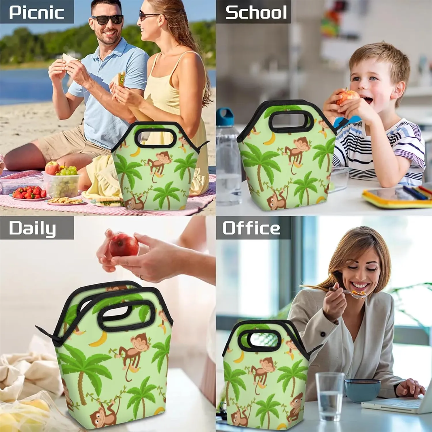 KOBLEN Monkey Banana Portable Insulated Lunch Bag for Adults, Oxford Thermal Food Tote Leakproof Reusable Meal Bag for Picnic, Hiking, Travel (7.5x4.7x11.2 Inch)