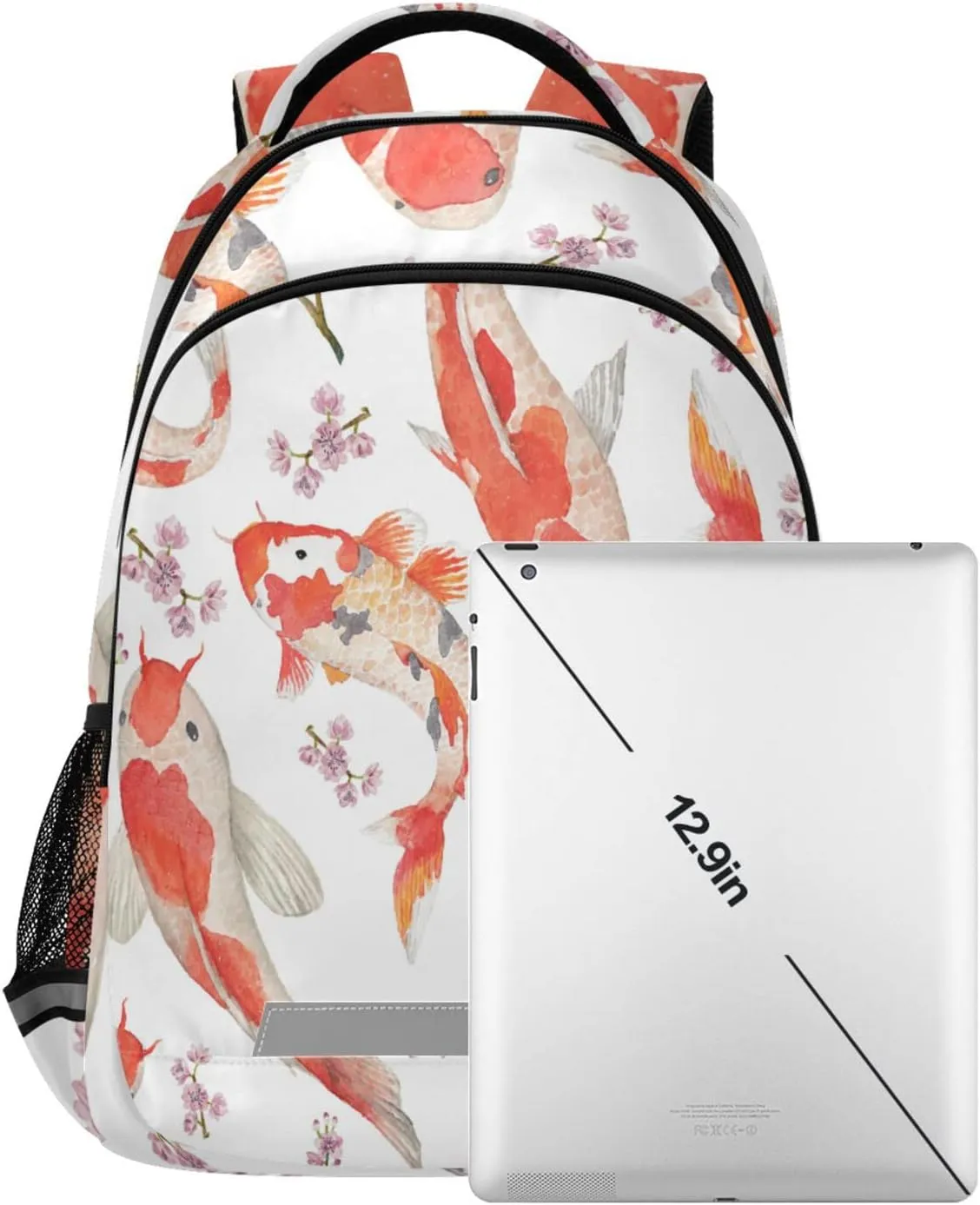 Koi Fish Japanese Backpack Floral Oriental Watercolor Laptop Backpack Safe Reflectiv Stripes Casual Travel Shoulder Bag Daypack Hiking Camping