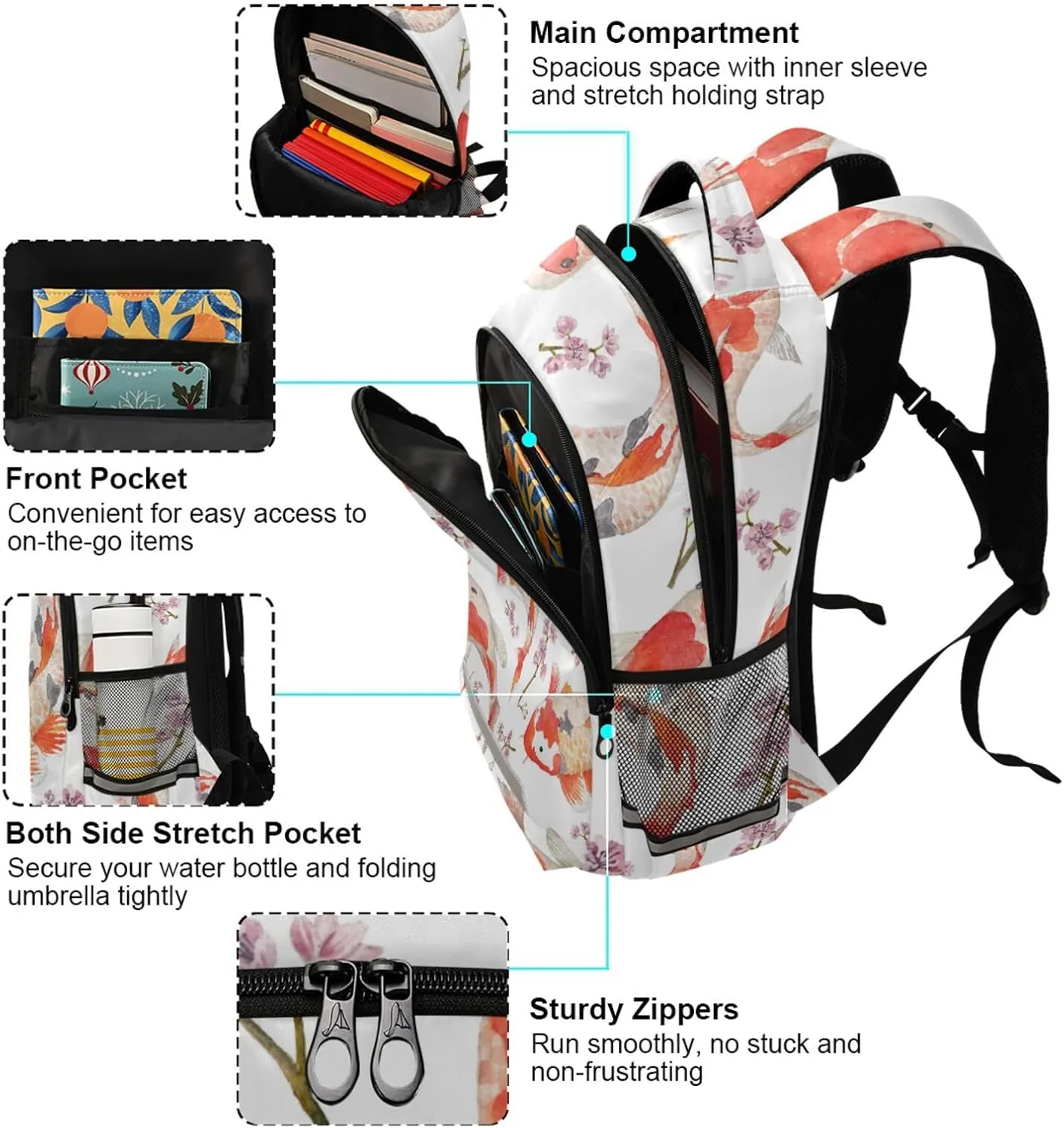 Koi Fish Japanese Backpack Floral Oriental Watercolor Laptop Backpack Safe Reflectiv Stripes Casual Travel Shoulder Bag Daypack Hiking Camping