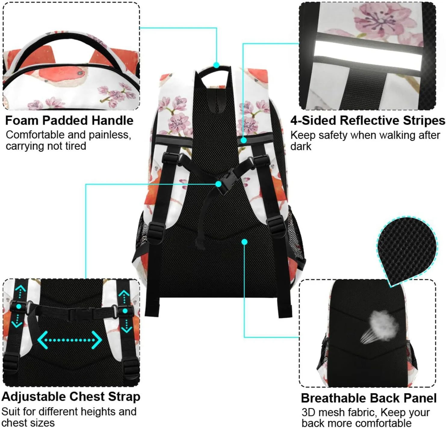 Koi Fish Japanese Backpack Floral Oriental Watercolor Laptop Backpack Safe Reflectiv Stripes Casual Travel Shoulder Bag Daypack Hiking Camping