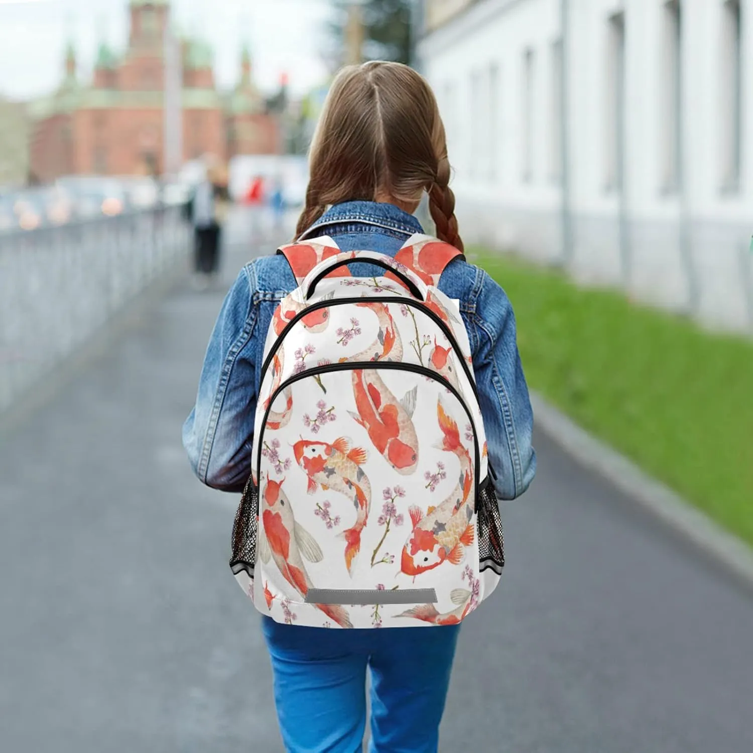 Koi Fish Japanese Backpack Floral Oriental Watercolor Laptop Backpack Safe Reflectiv Stripes Casual Travel Shoulder Bag Daypack Hiking Camping