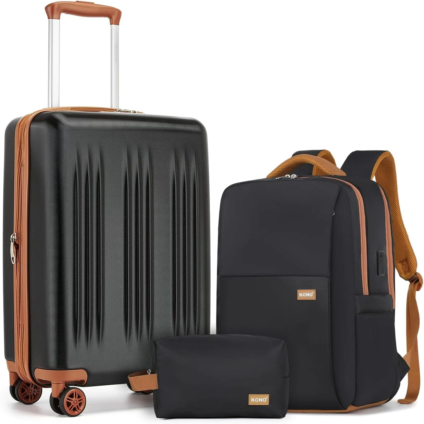 Kono Luggage Sets 3 Piece Expandable Carry On Travel Luggage 20 Inch TSA Lock Spinner Wheels Hardshell Suitcase Set(Black&Brown,3 Piece Set)
