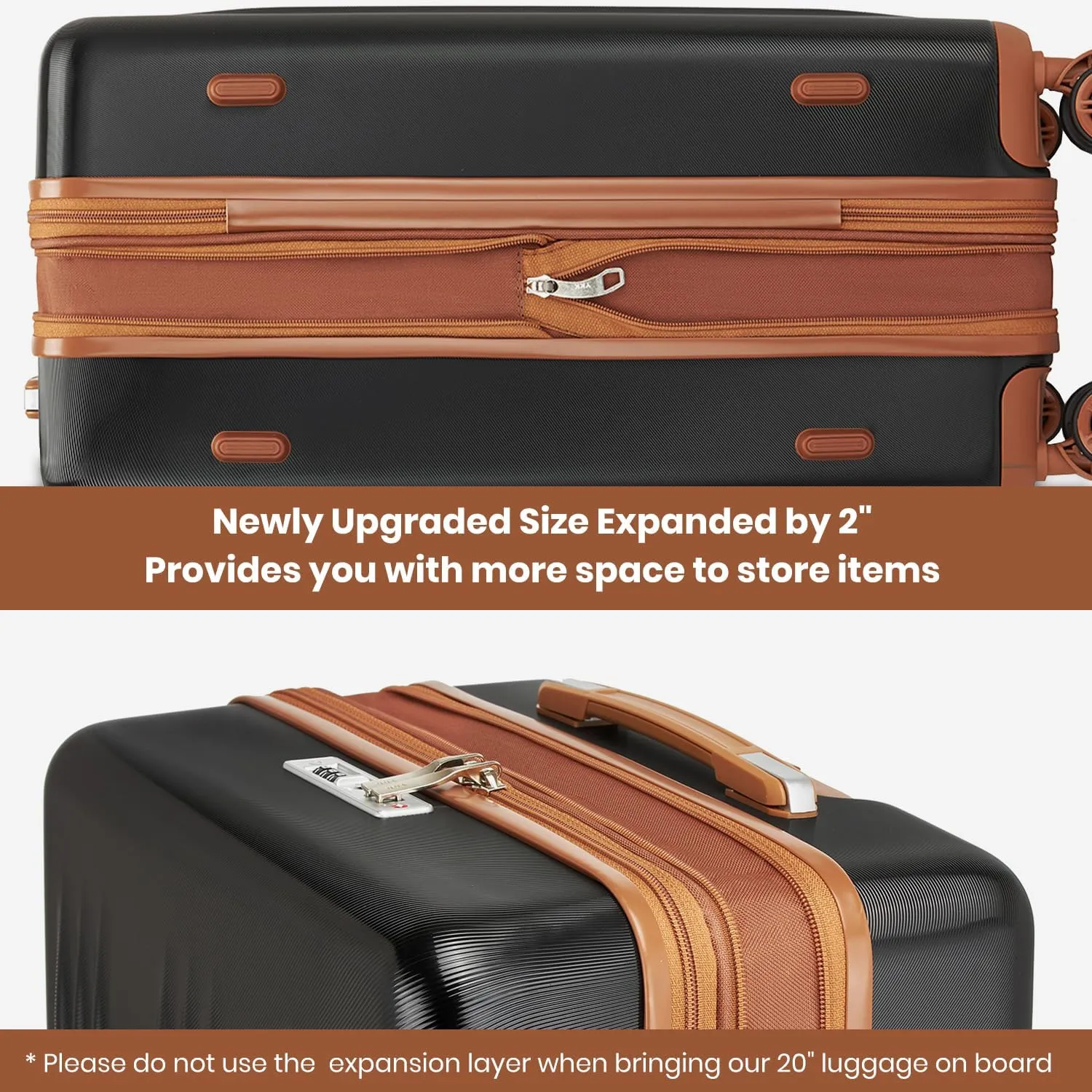 Kono Luggage Sets 3 Piece Expandable Carry On Travel Luggage 20 Inch TSA Lock Spinner Wheels Hardshell Suitcase Set(Black&Brown,3 Piece Set)