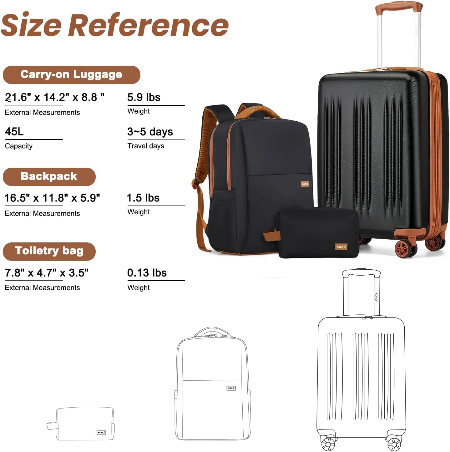 Kono Luggage Sets 3 Piece Expandable Carry On Travel Luggage 20 Inch TSA Lock Spinner Wheels Hardshell Suitcase Set(Black&Brown,3 Piece Set)