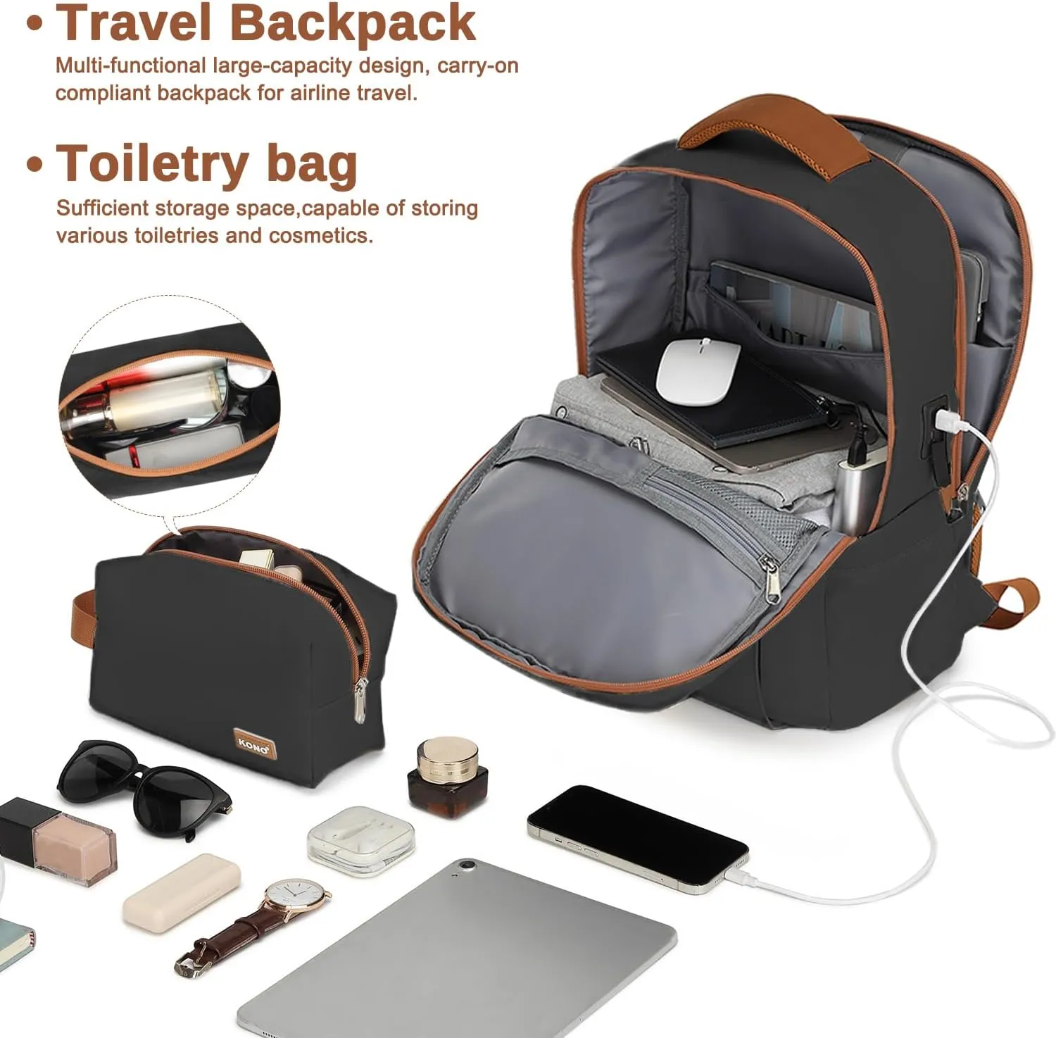 Kono Luggage Sets 3 Piece Expandable Carry On Travel Luggage 20 Inch TSA Lock Spinner Wheels Hardshell Suitcase Set(Black&Brown,3 Piece Set)