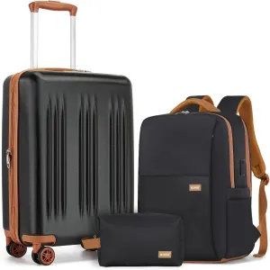 Kono Luggage Sets 3 Piece Expandable Carry On Travel Luggage 20 Inch TSA Lock Spinner Wheels Hardshell Suitcase Set(Black&Brown,3 Piece Set)