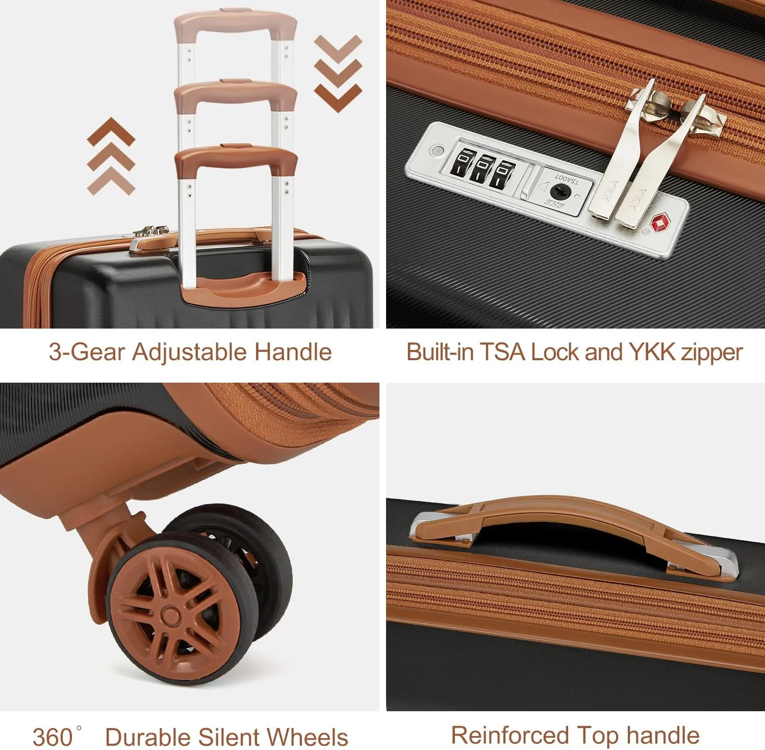 Kono Luggage Sets 3 Piece Expandable Carry On Travel Luggage 20 Inch TSA Lock Spinner Wheels Hardshell Suitcase Set(Black&Brown,3 Piece Set)