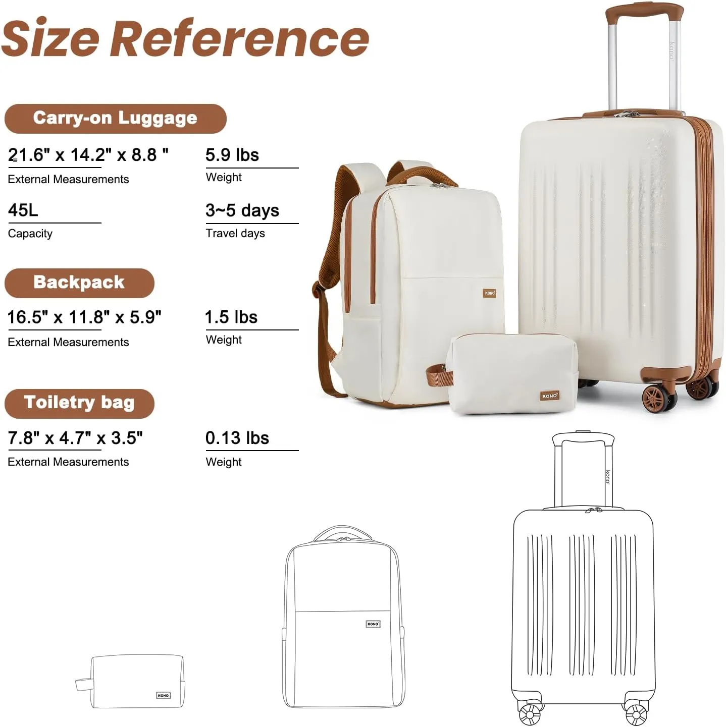 Kono Luggage Sets 3 Piece Expandable Carry On Travel Luggage 20 Inch TSA Lock Spinner Wheels Hardshell Suitcase Set(Cream White,3 Piece Set)