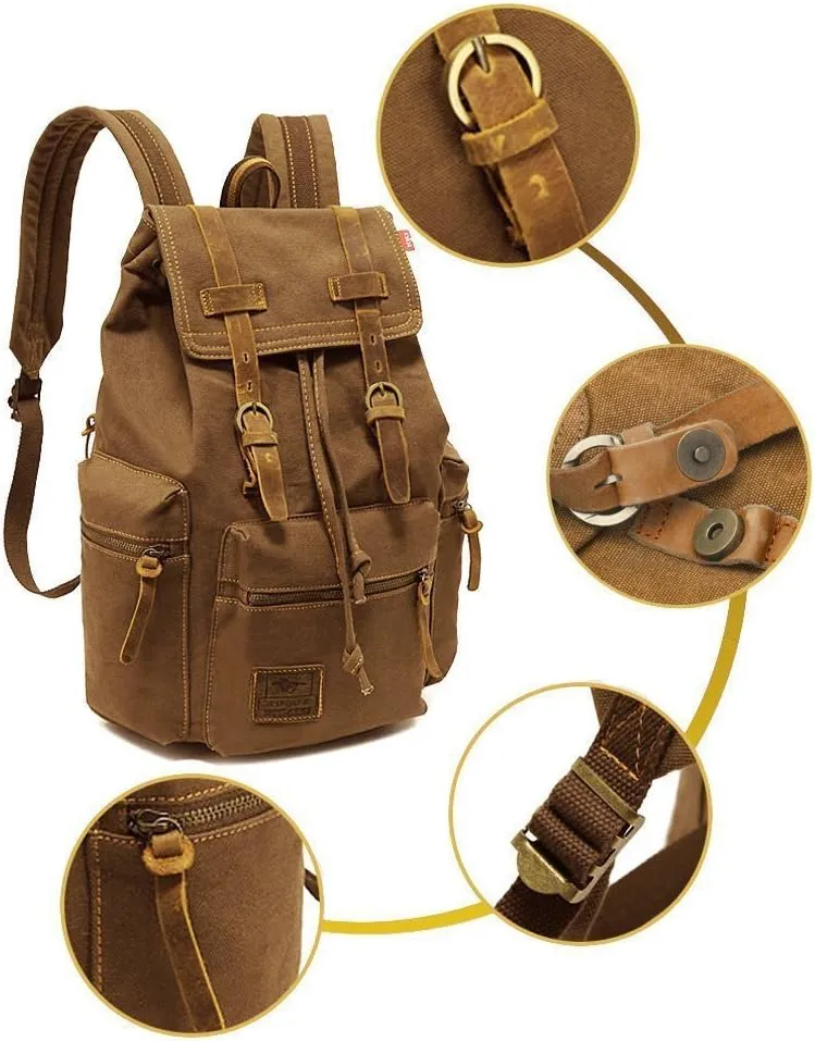 koolehaoda Vintage Canvas Backpack Leather Rucksack Knapsack Unisex Casual Backpack 17inch Laptop Backpack Hiking Bag(L Khaki)