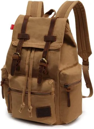 koolehaoda Vintage Canvas Backpack Leather Rucksack Knapsack Unisex Casual Backpack 17inch Laptop Backpack Hiking Bag(L Khaki)
