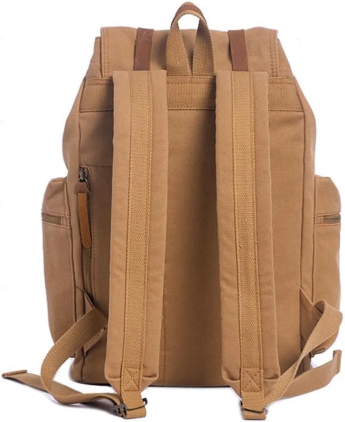 koolehaoda Vintage Canvas Backpack Leather Rucksack Knapsack Unisex Casual Backpack 17inch Laptop Backpack Hiking Bag(L Khaki)