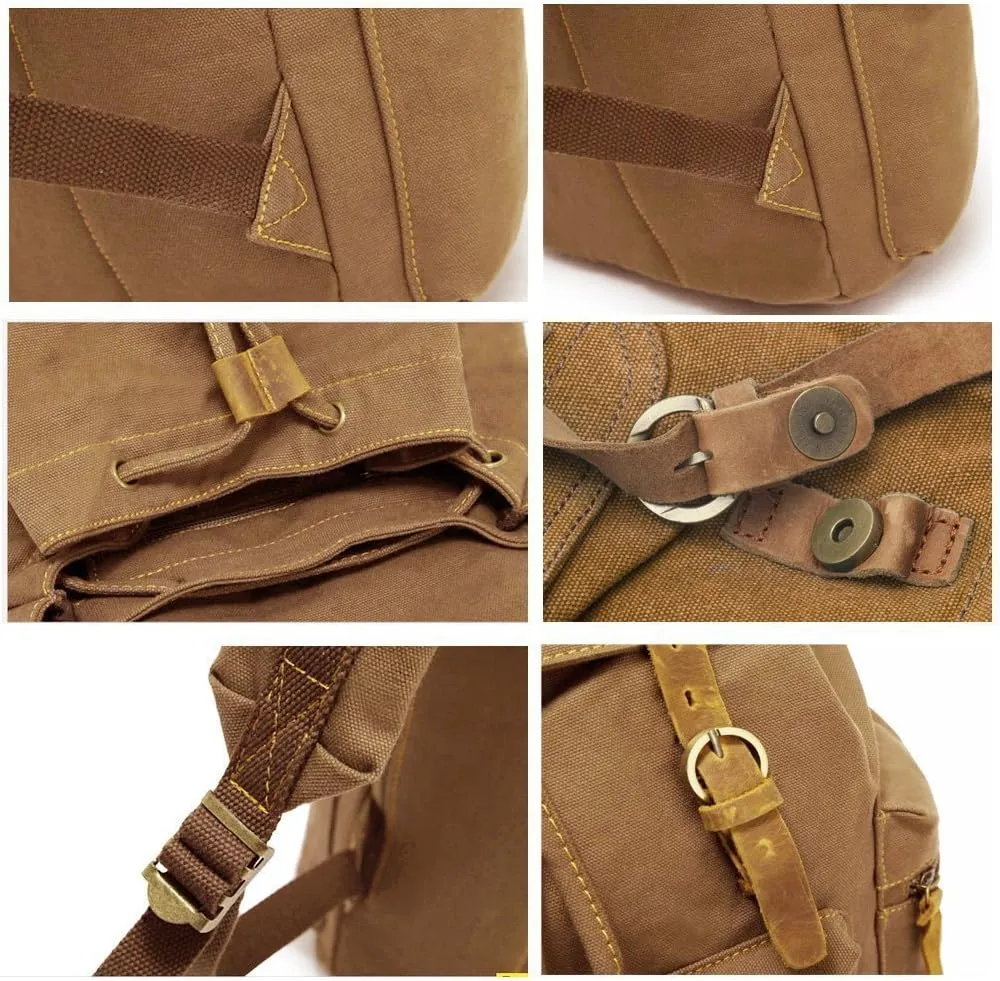 koolehaoda Vintage Canvas Backpack Leather Rucksack Knapsack Unisex Casual Backpack 17inch Laptop Backpack Hiking Bag(L Khaki)