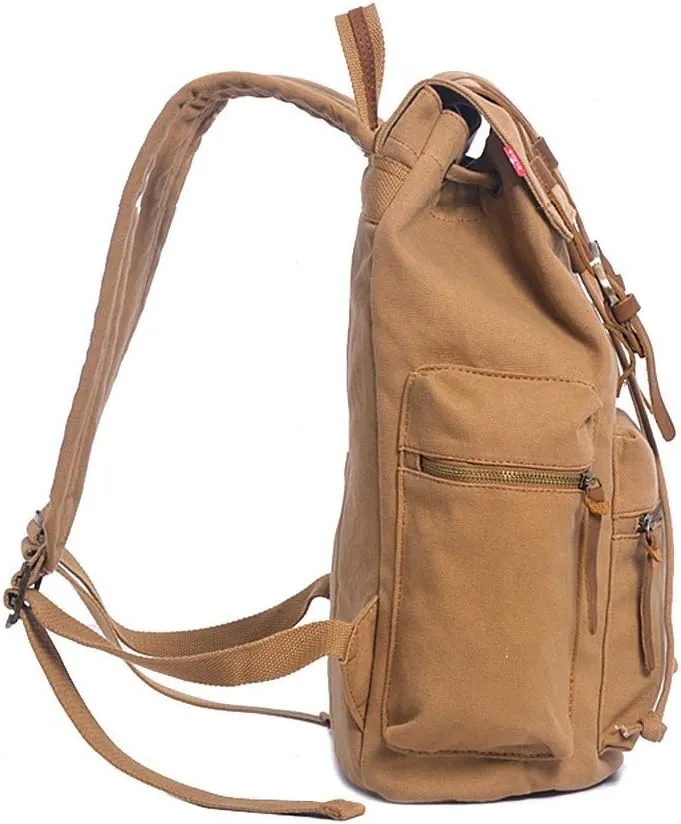 koolehaoda Vintage Canvas Backpack Leather Rucksack Knapsack Unisex Casual Backpack 17inch Laptop Backpack Hiking Bag(L Khaki)