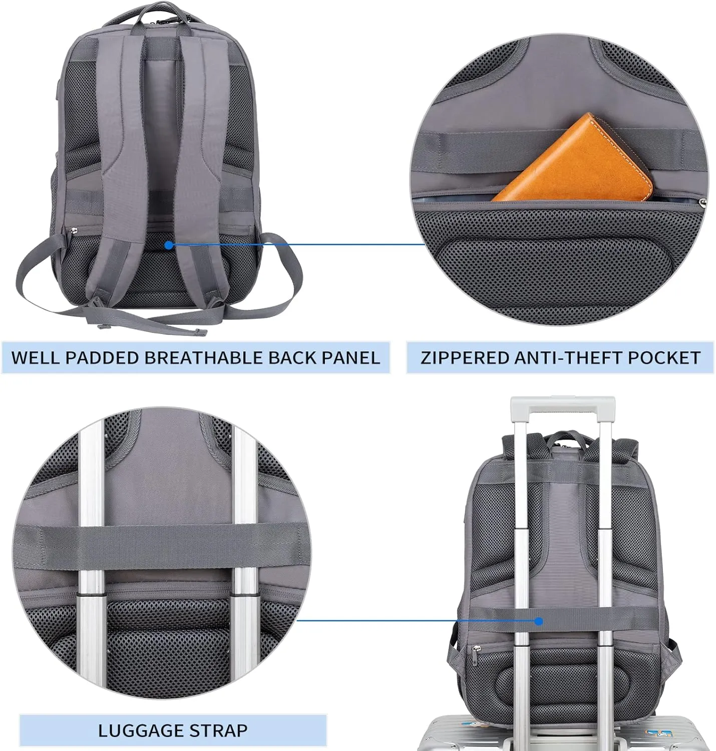 KROSER Travel Laptop Backpack 17 Inch Large Computer Backpack Water-Repellent Daypack with USB Charging Port & Headphone Interface RFID Pockets for Work/Business/College/Men/Women Dark grey(Quilted)