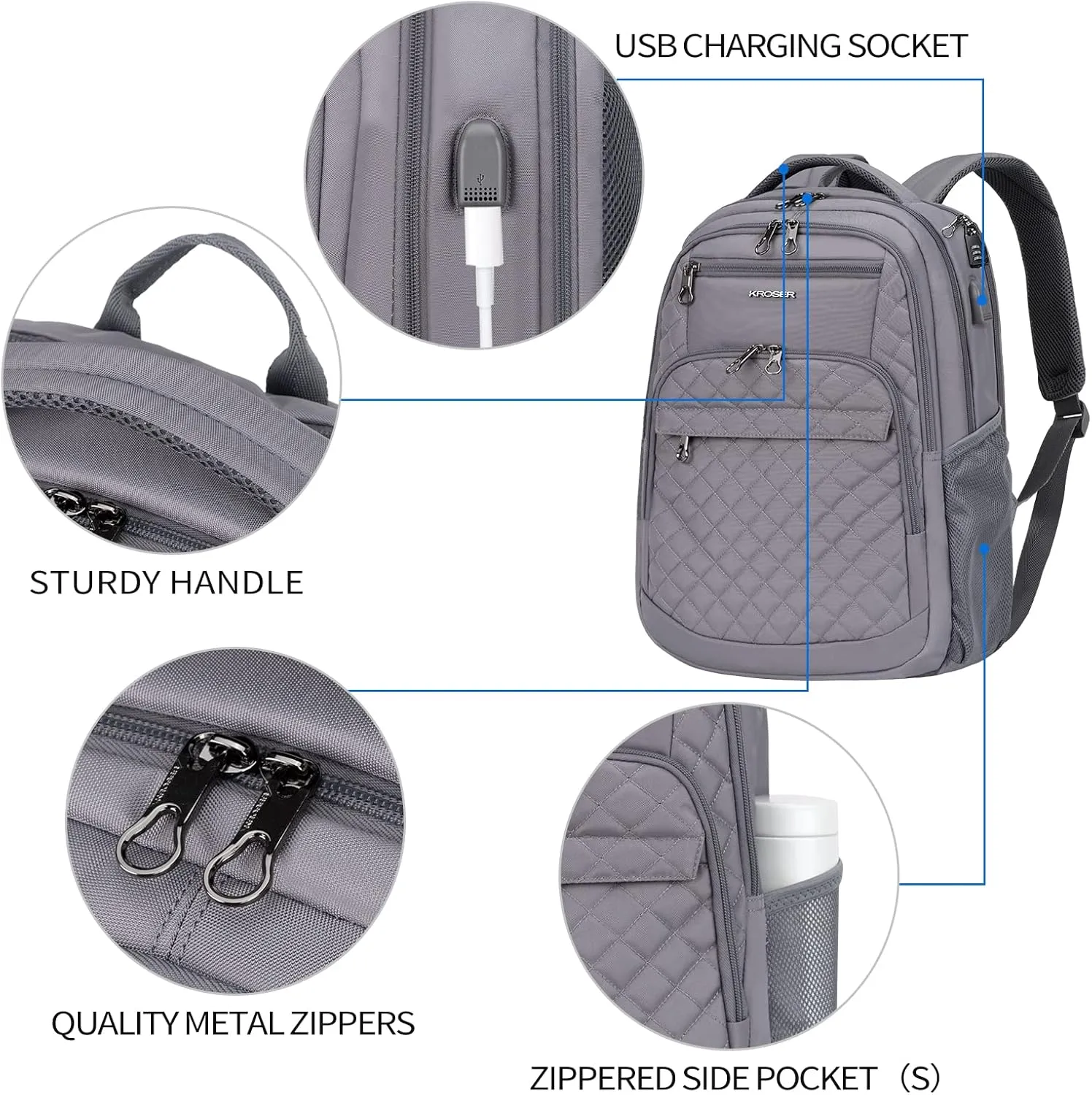 KROSER Travel Laptop Backpack 17 Inch Large Computer Backpack Water-Repellent Daypack with USB Charging Port & Headphone Interface RFID Pockets for Work/Business/College/Men/Women Dark grey(Quilted)